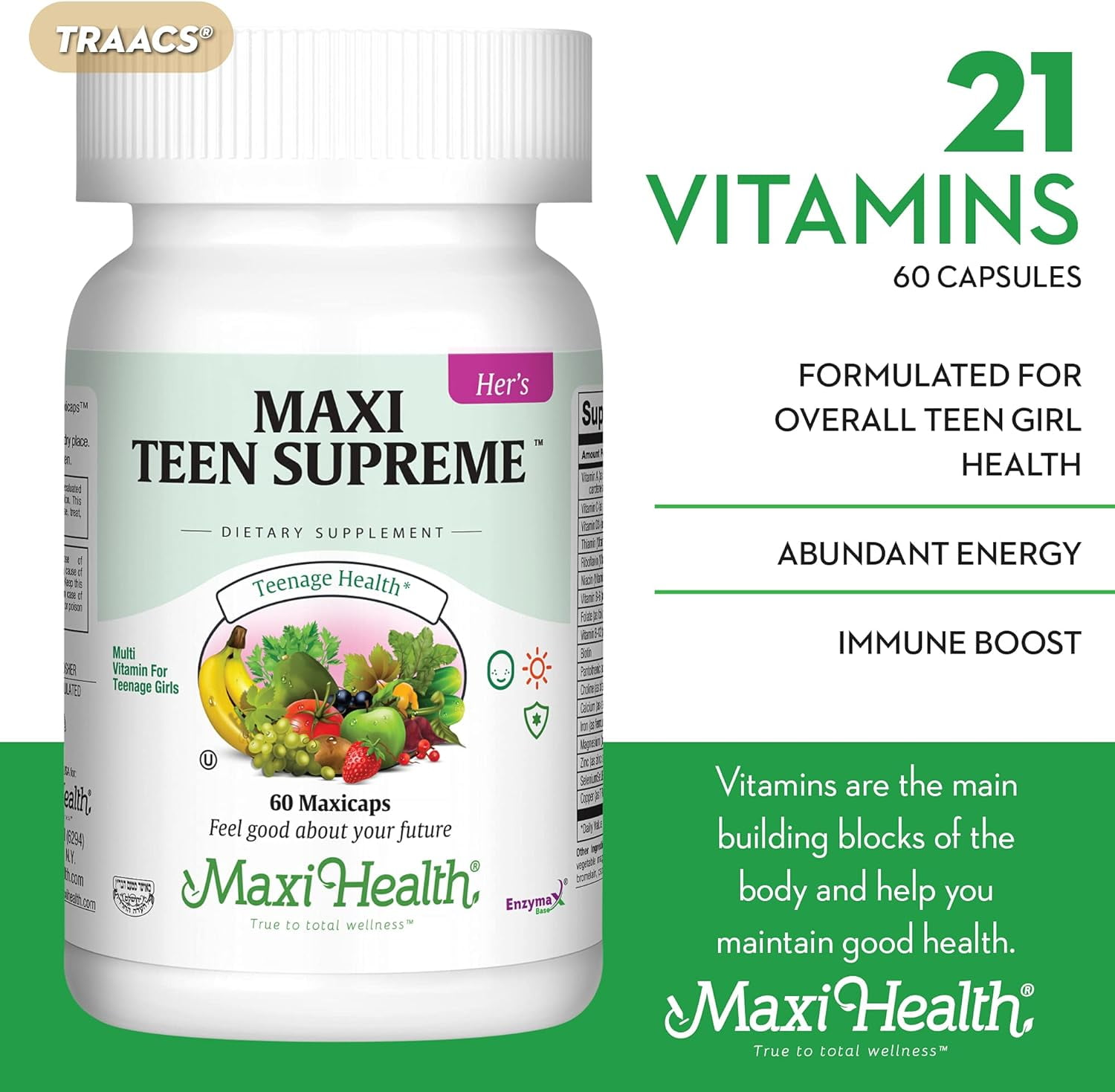 Maxi Health Teen Supreme Hers – Teen Girls Multivitamin with D3, Iron, Calcium – 60 MaxiCaps