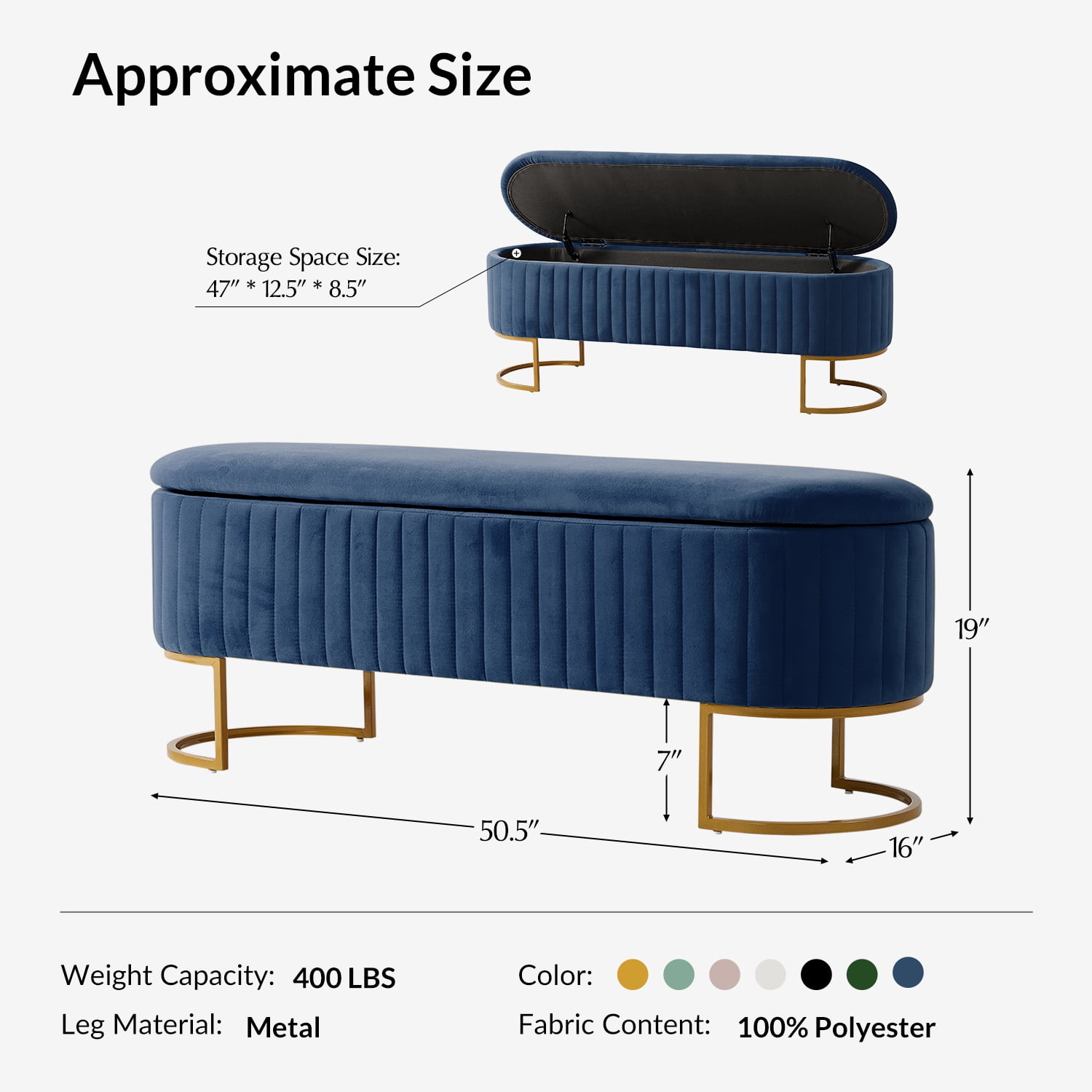 50.5" Upholstered Storage Bench For End of Bed Entryway Bedroom Ottoman Navy