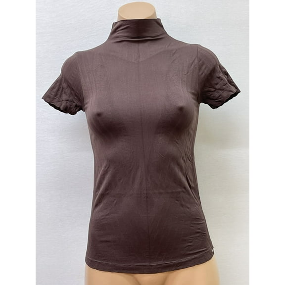 Women Seamless Short Sleeve Mock Neck V Texture Material Blouse Top Stretch Tee Shirts