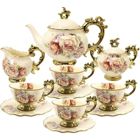

CHALKSEA 15 Pieces British Porcelain Tea Set Floral Vintage China Coffee Set Wedding Tea Service for Adult Big Tea Cup