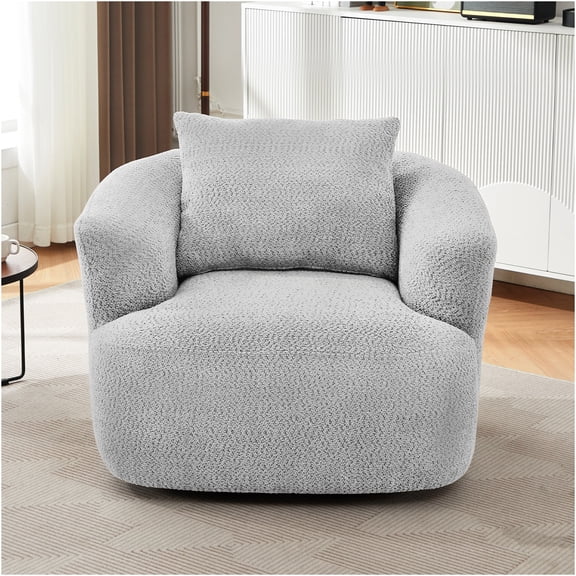 JERFIT Modern Swivel Accent Chair with Pillow, 360° Rotating Lounge Chair, Upholstered Boucle Fabric Barrel Chair for Living Room, Office, Bedroom, Light Gray