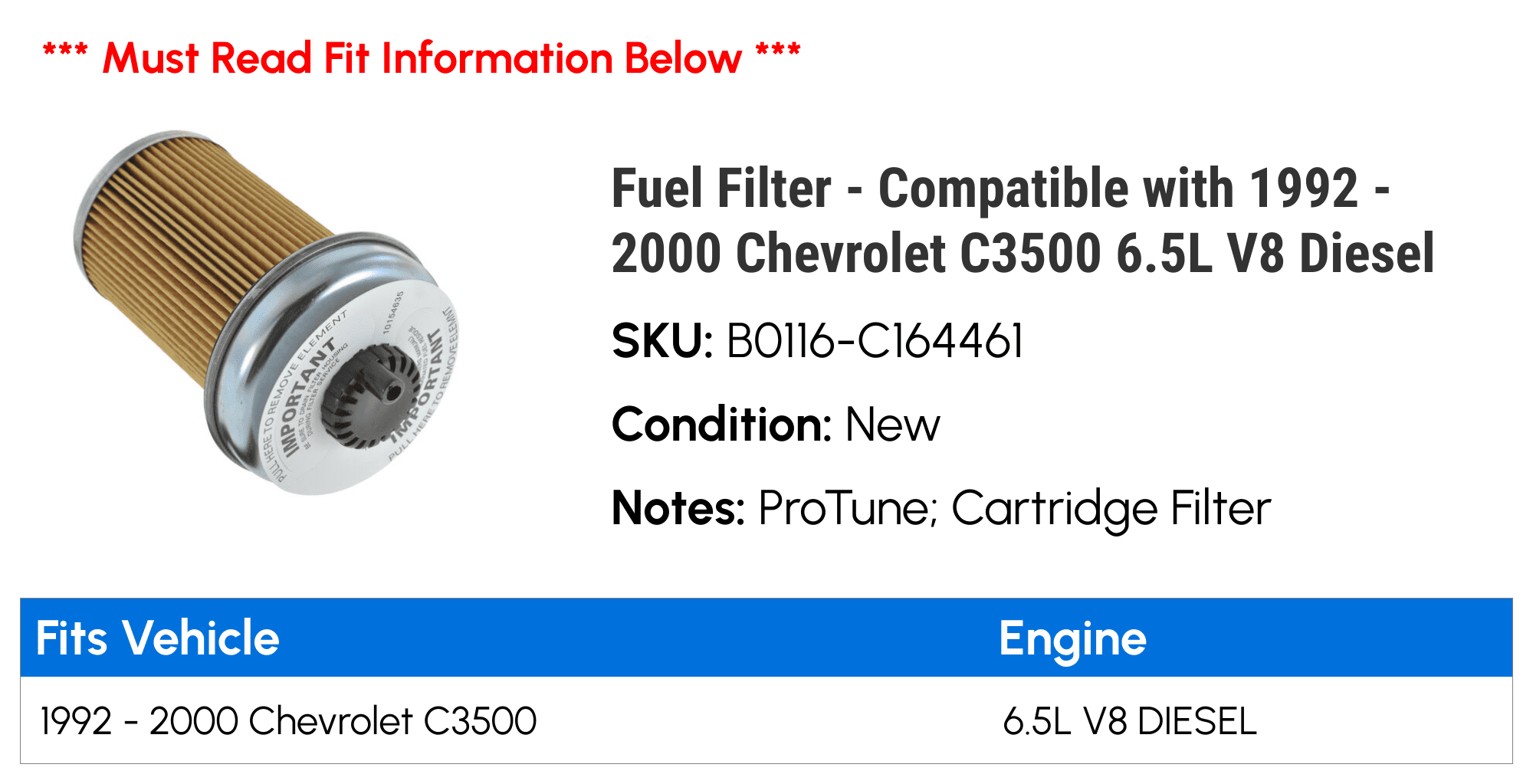 Fuel Filter - Compatible with 1992 - 2000 Chevy C3500 6.5L V8 Diesel 1993 1994 1995 1996 1997 1998 1999
