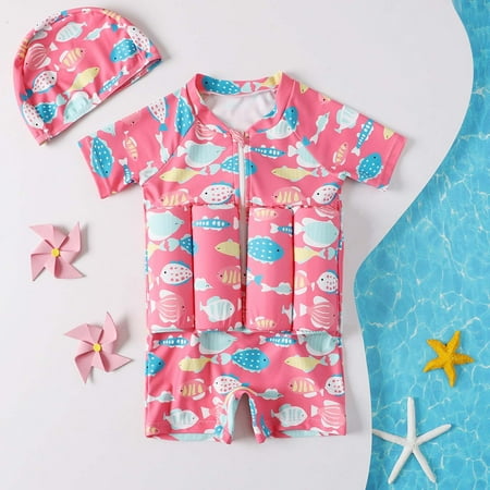 

QISIWOLE Toddler Baby Girls Buoyancy Swimsuit Small Fish Print Short Sleeve Front Zipper One-piece Swimsuit kids clothes