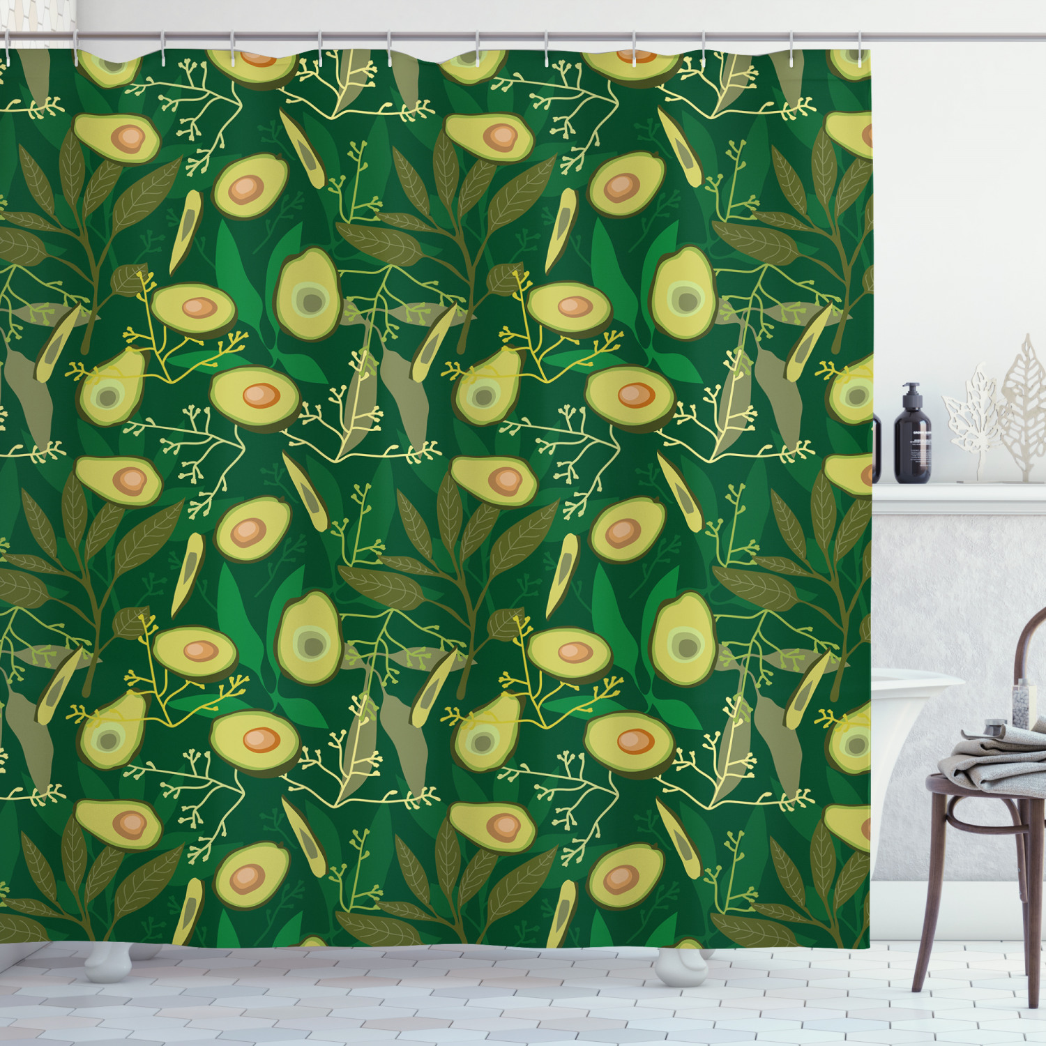 Avocado Shower Curtain, Retro Style Leaves and Exotic Fruits, Fabric  Bathroom Set with Hooks, 69W X 84L Inches Extra Long, Hunter Green Avocado  Green Green Brown and Sand Brown, by Ambesonne -