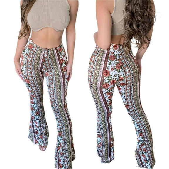 Women's Boho High Waist Flare Pants Stretch Bell Bottom Yoga Pants Hippie Flared Legging Palazzo Pants Trousers Plus Size S-3XL