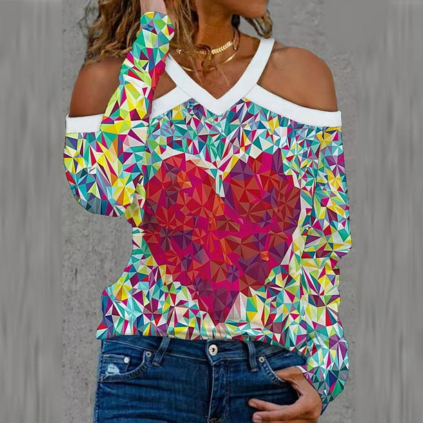ICHUANYI Clearance Fashion Women Blouse Long Sleeve V Neck Hedging T-Shirts Heart Printing Casual Loose Tops(Multicolor, XXL) ICHUANYI WER2023081501121