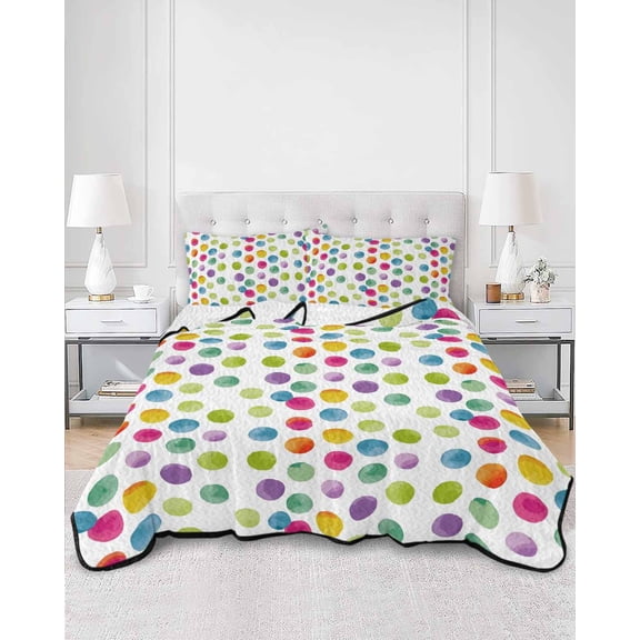 Twin Quilt Bedding Set Abstract Watercolor Rounds Summer Quilt Lightweight Quilted Coverlet with 2 Pillow Shams, Green Red Blue Wavepoints 3-Piece Bedspread Quilt Set for All Season