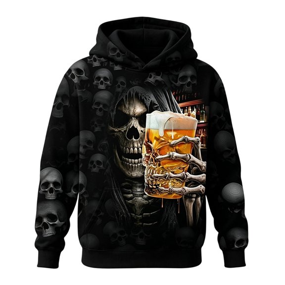 SJLDQY Mens Halloween Hoodie Y2K Skull Graphic Hoodies for Men Hallowmas Streetwear Long Sleeve Casual Pullover Hooded Sweatshirts with Pockets