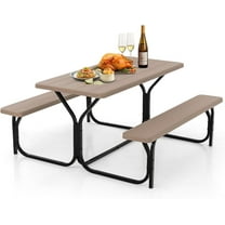 Moccha Picnic Table Bench Set, Portable Plastic Picnic Table w/Steel Frame & Wood-Like Texture, All Weather Heavy Duty Picnic Table Kit, Picnic Tables for Outdoors Garden Patio Dining (Light Brown)