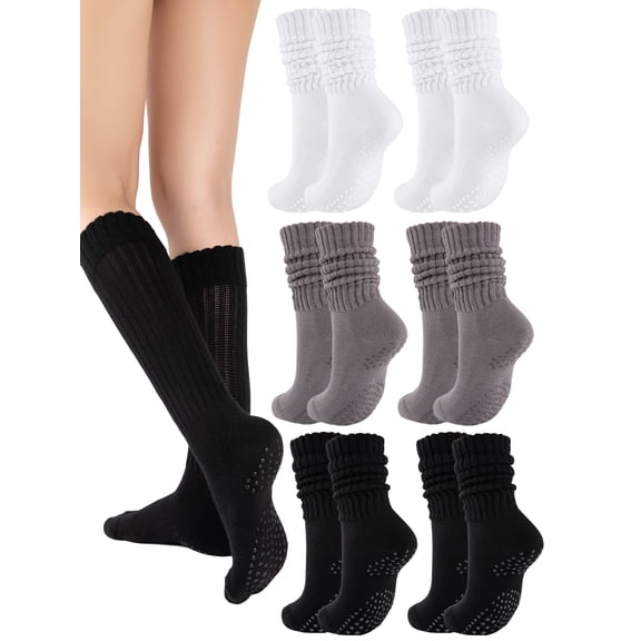 COOPLUS 6 Pairs Womens Scrunch Slouch Socks with Non-Slip Grips, Cushion Moisture Wicking Crew Socks for Yoga Pilates Barre