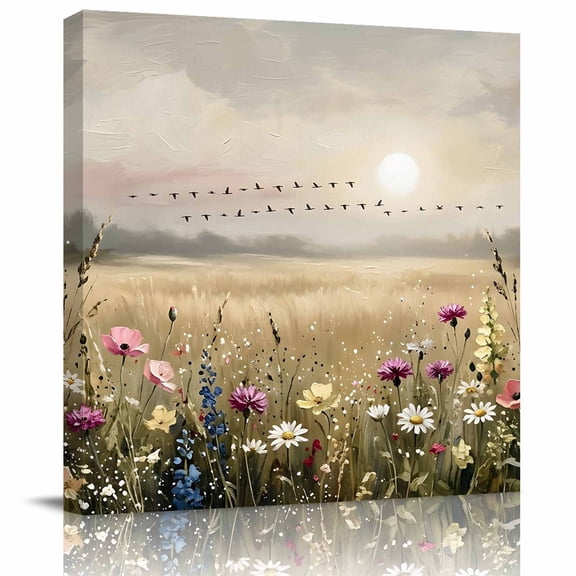 Wall Art Prints, Floral Meadow Framed Canvas Prints for Bedroom Living Room Bathroom Office, Cottagecore Pastoral Wildflowers Gallery Wrap Wall Art Poster for Gifts Home Decor 8"x8"