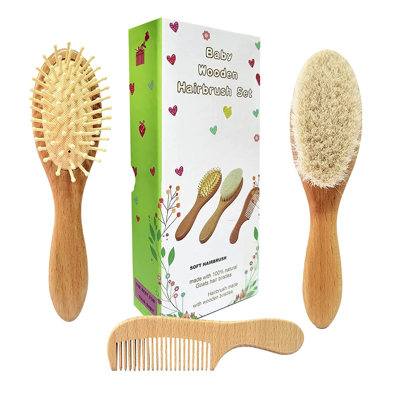 3 Piece Baby Hair Brush and Comb Set for Newborn - Natural Wooden Hairbrush with Soft Goat Bristles for Cradle Cap - Perfect Scalp Grooming Product for Infant, Toddler, Kids - Baby 3 Piece Baby Hair Brush and Comb Set for Newborn - Natural Wooden Hairbrush with Soft Goat Bristles for Cradle Cap - Perfect Scalp Grooming Product for Infant, Toddler, Kids - Baby