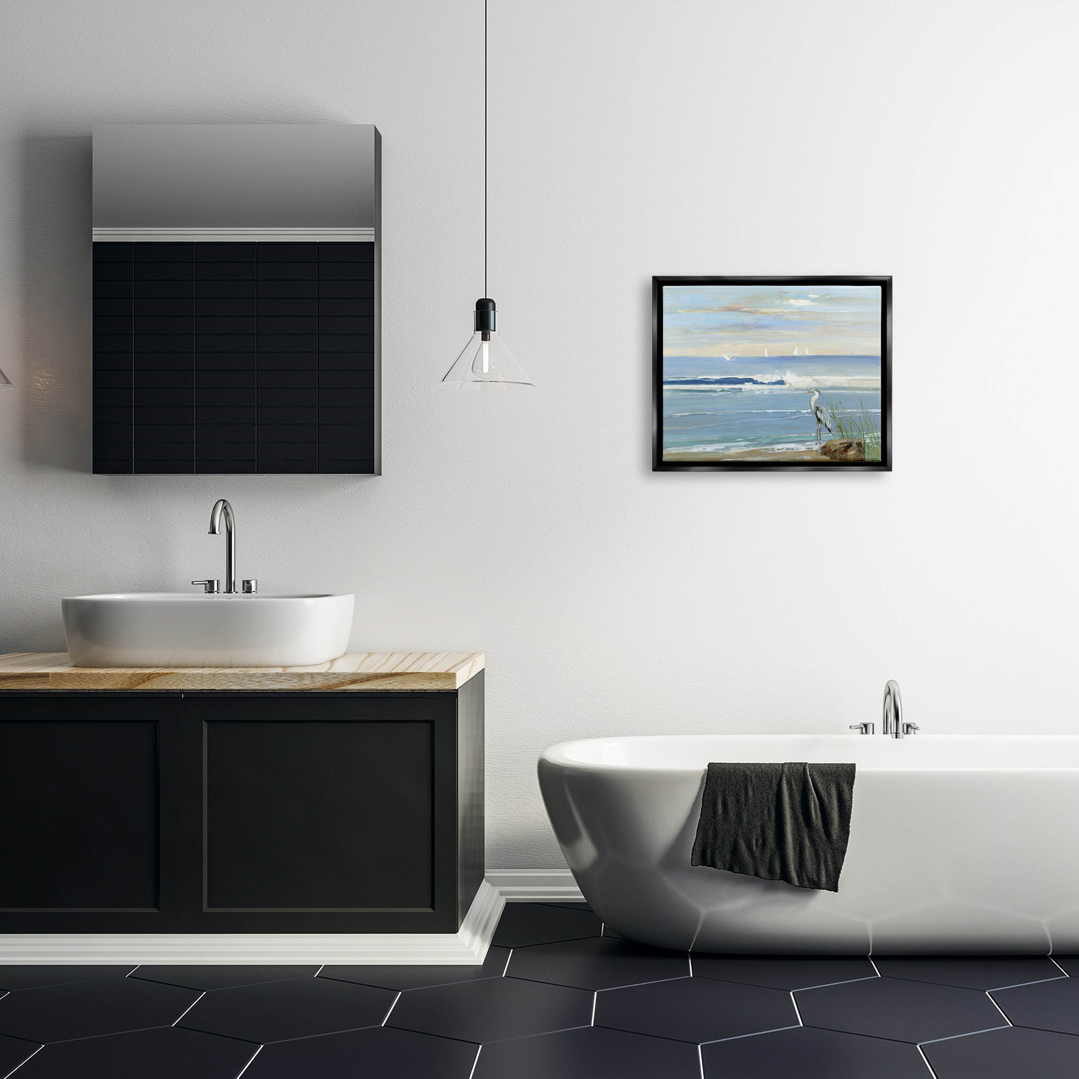 Stupell Industries Heron Splashing Beach Waves Painting Jet Black Floating Framed Canvas Print Wall Art, Design by Sally Swatland