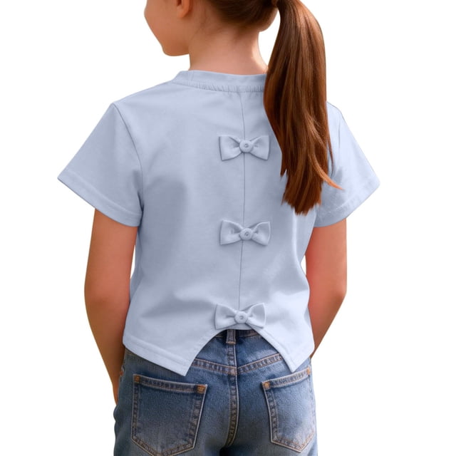 Zpanxa T-Shirts pour Tout-Petites Filles Unis à Bord Festonné Manches Courtes Col Rond Haut Décontracté en Coton 8 Ans