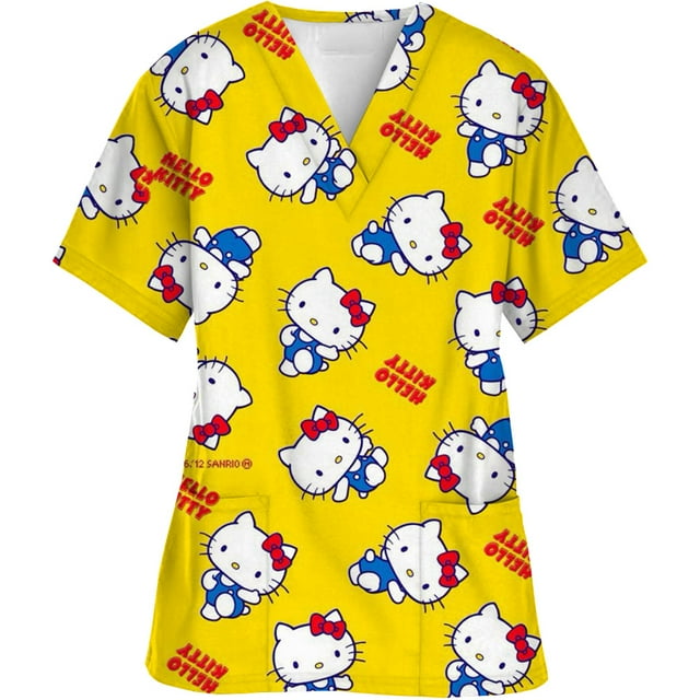 Uniforme d'Infirmière pour Femmes à Manches Courtes Hello Kitty Uniforme de Travail Blouse à Poche Hauts de Sarrau Uniformes Médicaux d'Infirmière Accessoires