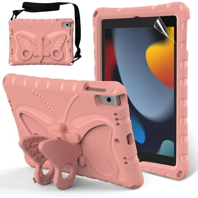 KOMI Kids Case for iPad 9th 8th 7th Gen/iPad Pro 10.5/iPad Air 3rd Gen - Screen Protector Included - Butterfly Kickstand - Child Friendly EVA Foam Shockproof Cover Case with Shoulder Strap, Pink Beige