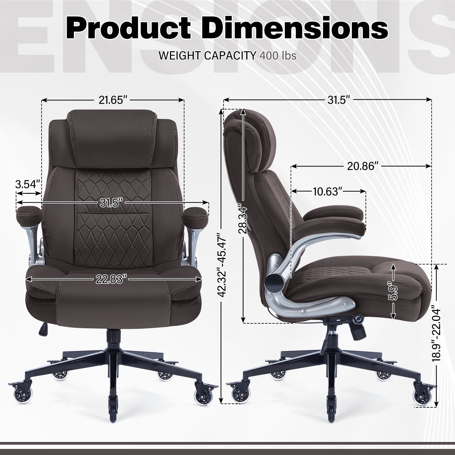 High Back Office Chair with Lockable Wheels, 400lbs Large Fabric Executive Desk Chair, Adjustable Lumbar Support Flip up Arms, Ergonomic Home Office Computer Chair with Storage Pocket, Brown