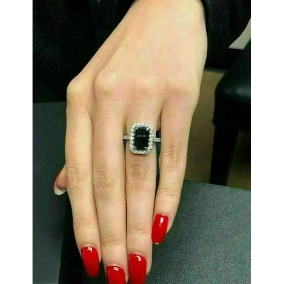 Women's 3Ct Emerald Cut Lab Created Black Diamond Diamond Halo Engagement Ring 14k White Gold Plated