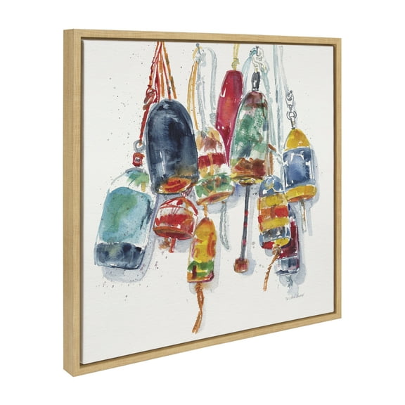 Kate and Laurel Sylvie Vintage Buoys Framed Canvas Wall Art by Patricia Shaw, 22x22 Natural, Soft Watercolor Boating Art for Wall