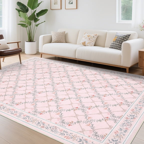 HOMERRY Floral Print Non Slip Area Rug 10' x 13' for Living Room Washable Indoor Carpet, Pink