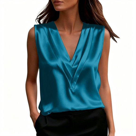 LNWUY Women's Silk Satin Camisole Tank Tops V Neck Pleated Dressy Casual Sleeveless Blouses Summer Business Work Shirts Blue S