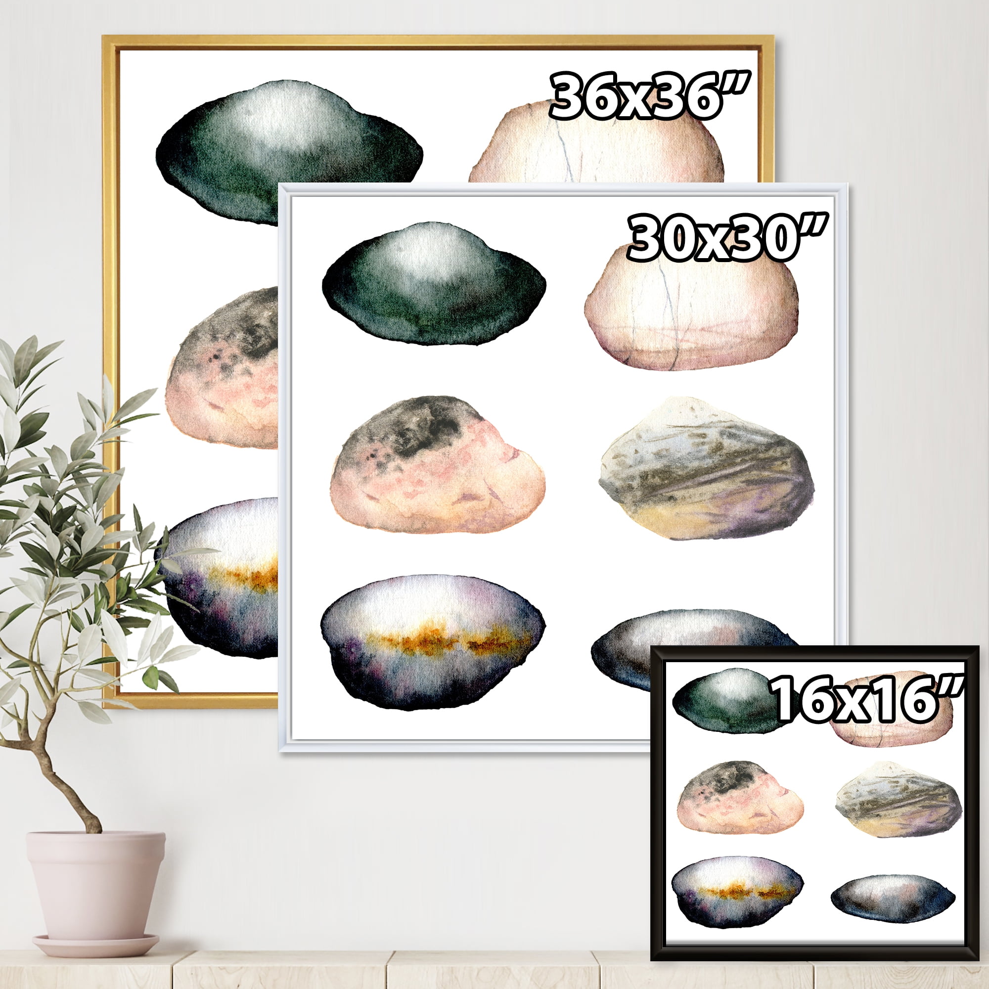 Designart 'Six Abstract Sea Stones On White' Nautical & Coastal Framed Canvas Wall Art Print