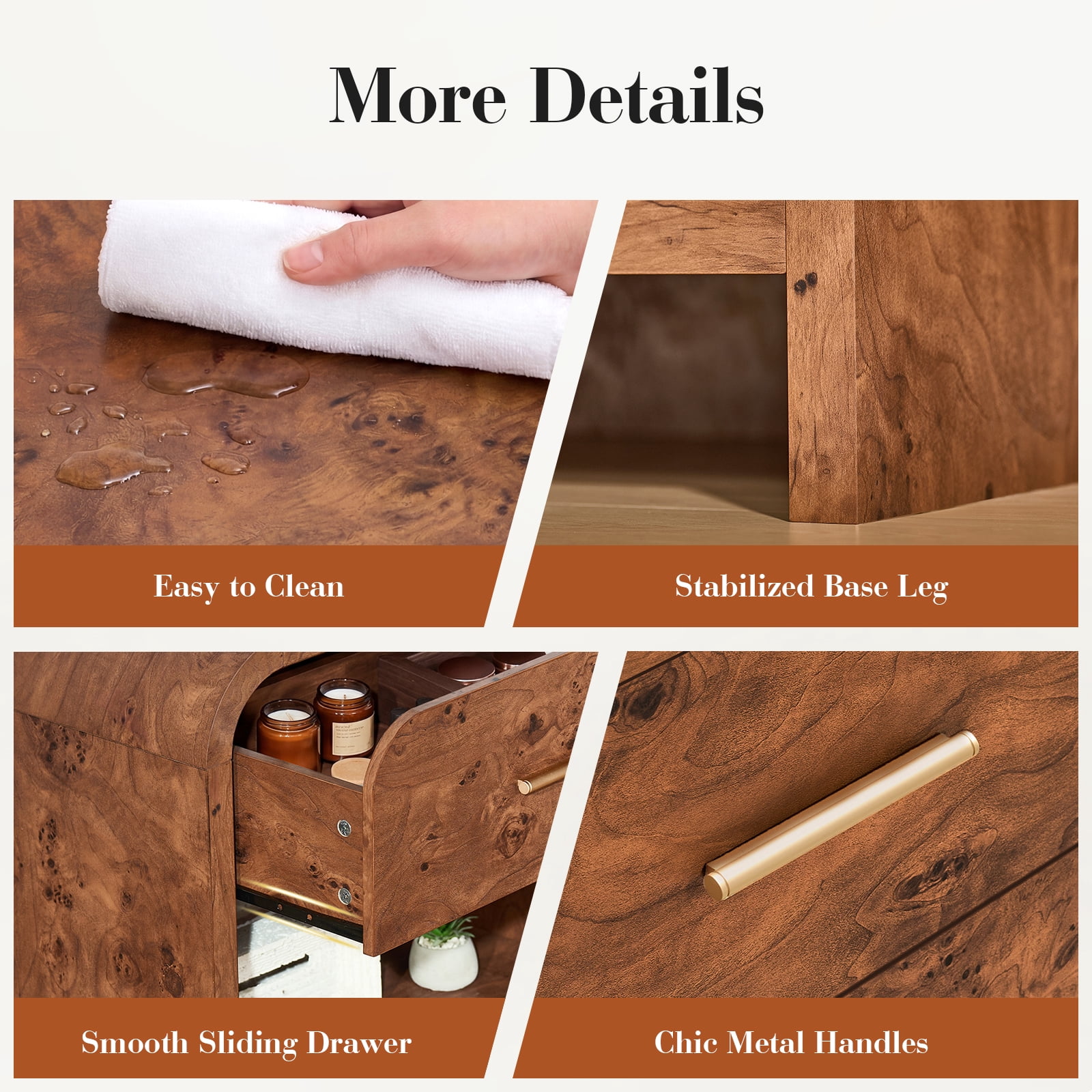 Vintagearth Nightstand 26.7" Tall Modern Curved Bedside Table, FSC-Certified Wood End Table, 3 Drawer Storage, Dark Burl