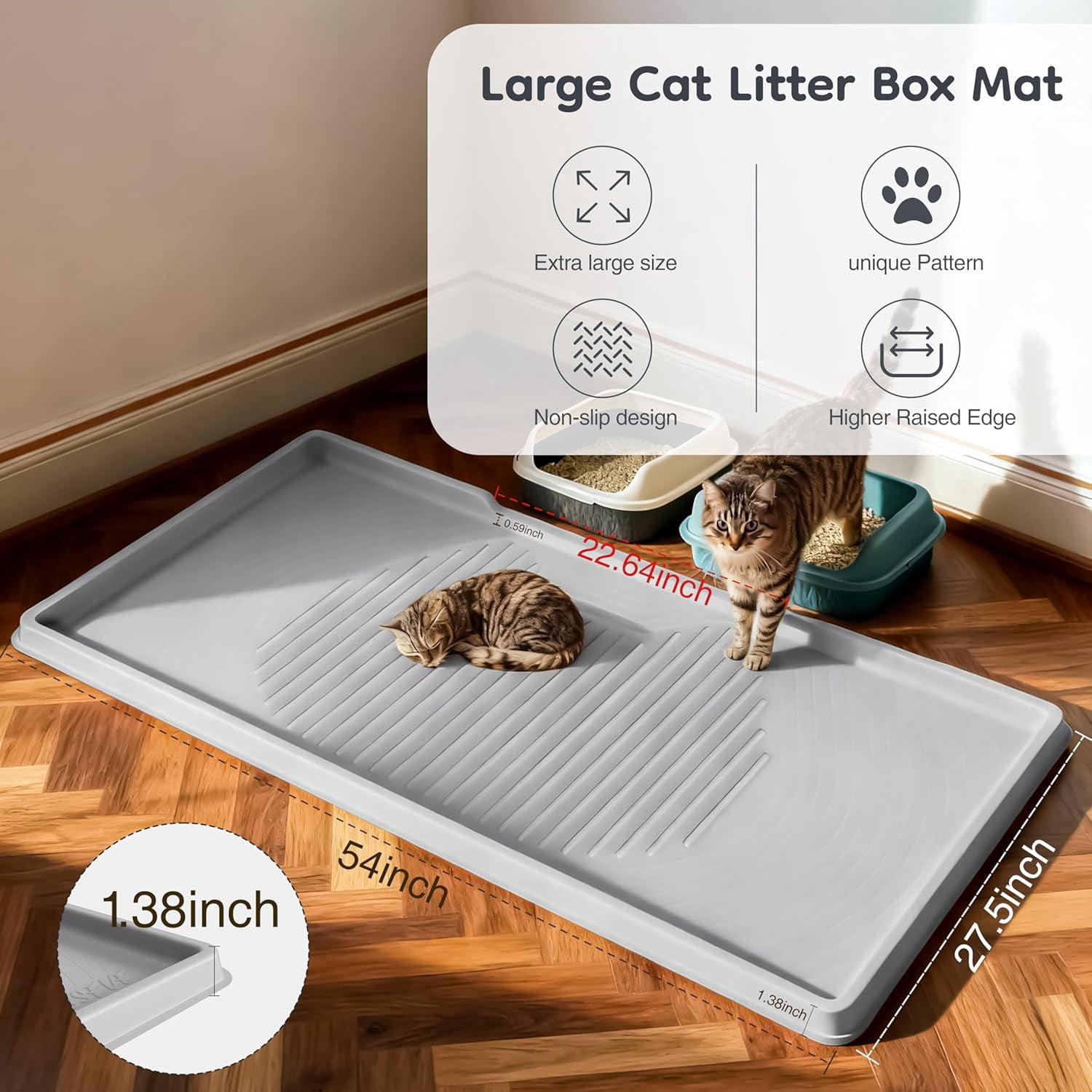 Cat Litter Mat 54" x 27.5" XXL, Extra Large Silicone Mat for Litter Box, 1.38" Raised Edge Urine Proof Litter Trapping Mat Pad for Scatter Control, Soft on Kitty Paws, Protect Floor (Grey)