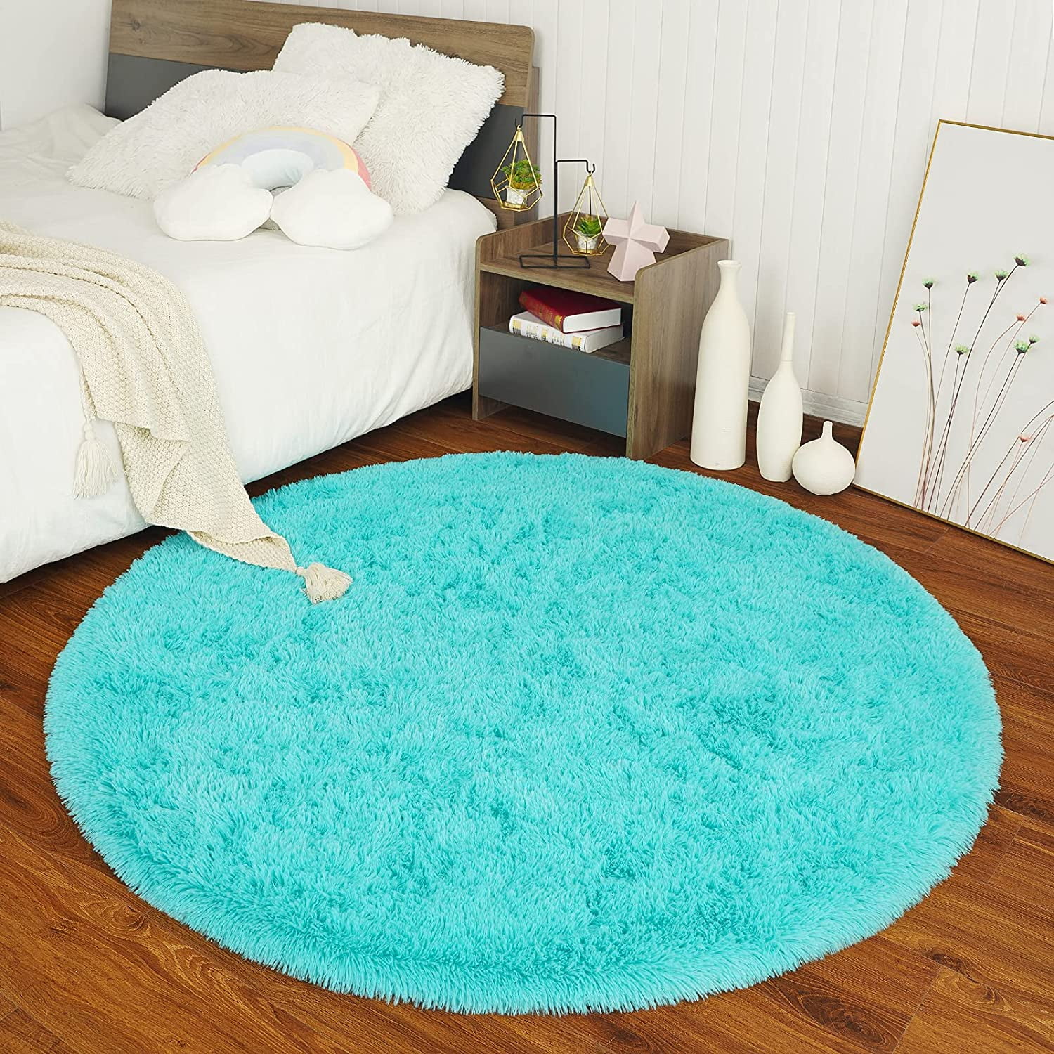 Junovo Round Fluffy Area Rugs For Kids Girls Princess Castle Plush Shaggy Carpet Cute Circle Nursery Rug For Kids Room Bedroom Living Room,4'x4',Blue