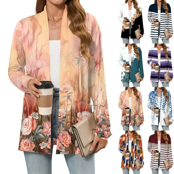 GXIPO Lightweight Cardigans for Women 2025 Summer Long Sleeve Cardigan Open Front Sweaters Loose Cover Up Floral Wine S