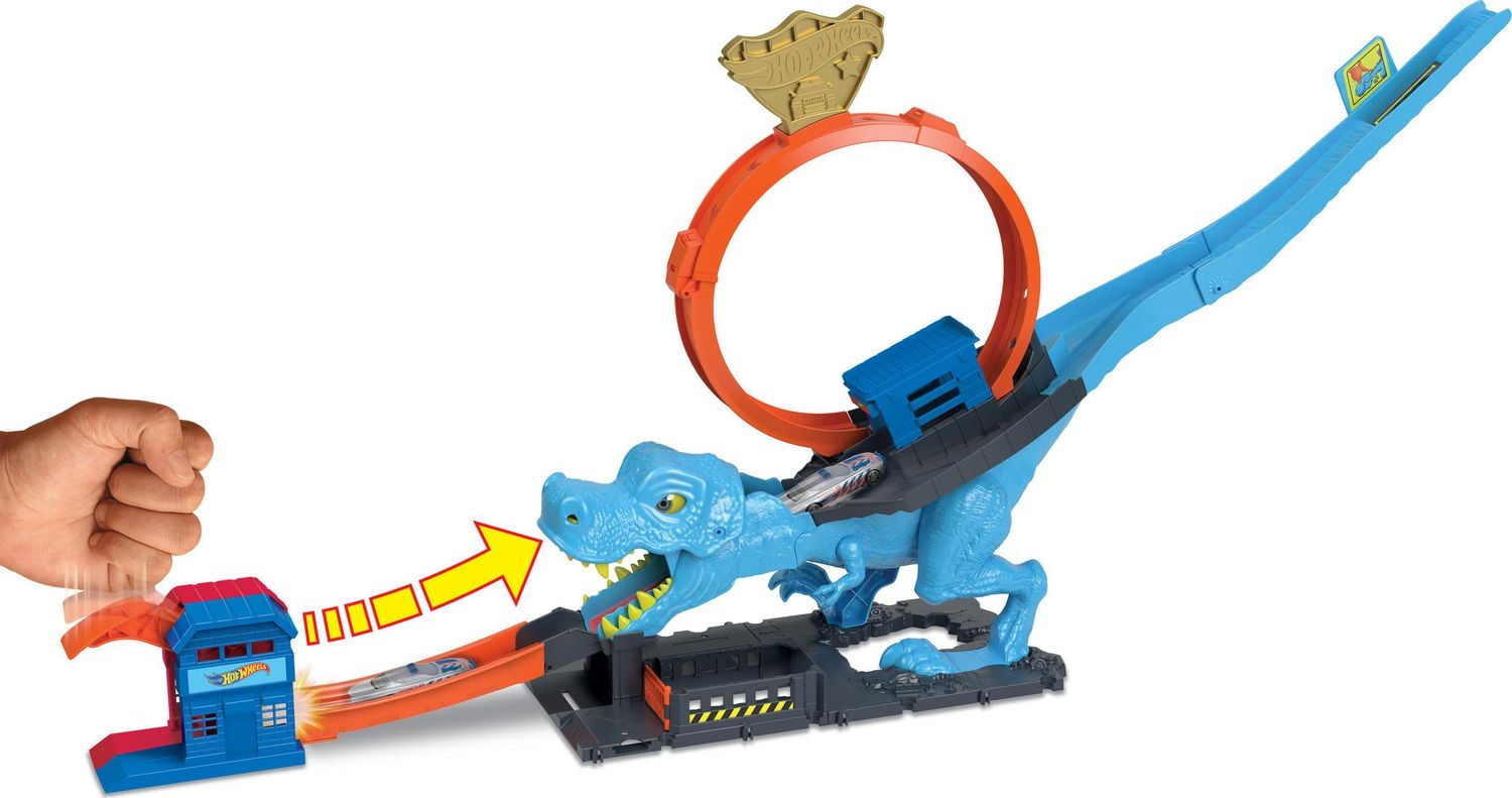 Hot Wheels City T-Rex Dinosaur Chomp-Down Track Set with a Huge Loop & 1:64 Scale Toy Car for Age 3 - 5