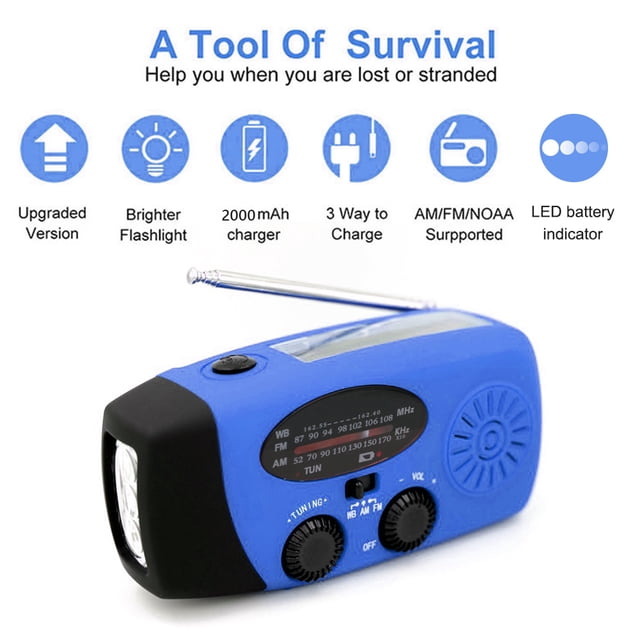 Mano portátil FM AM WB NOAA Radio Manivela Solar 2000mAh Radio LED Linternas Hugtrwg Nuevos Originales