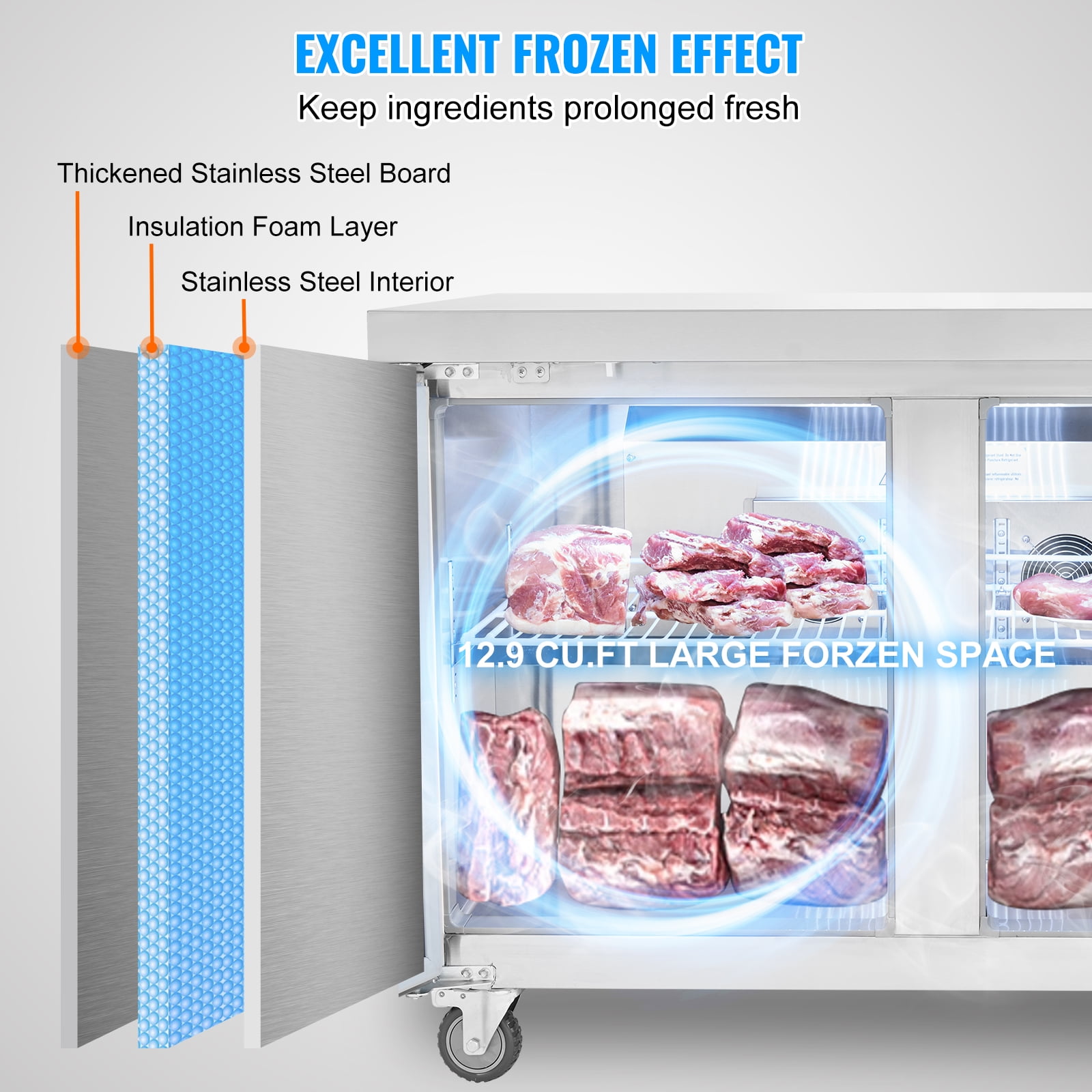 KFFKFF 48" Professional Chilled Storage for Sandwiches & Salads, 12.9 Cu. Ft Stainless Steel Food Preparation Station with Dual Doors, No-Frost Fridge with Lock for Eateries, Pubs