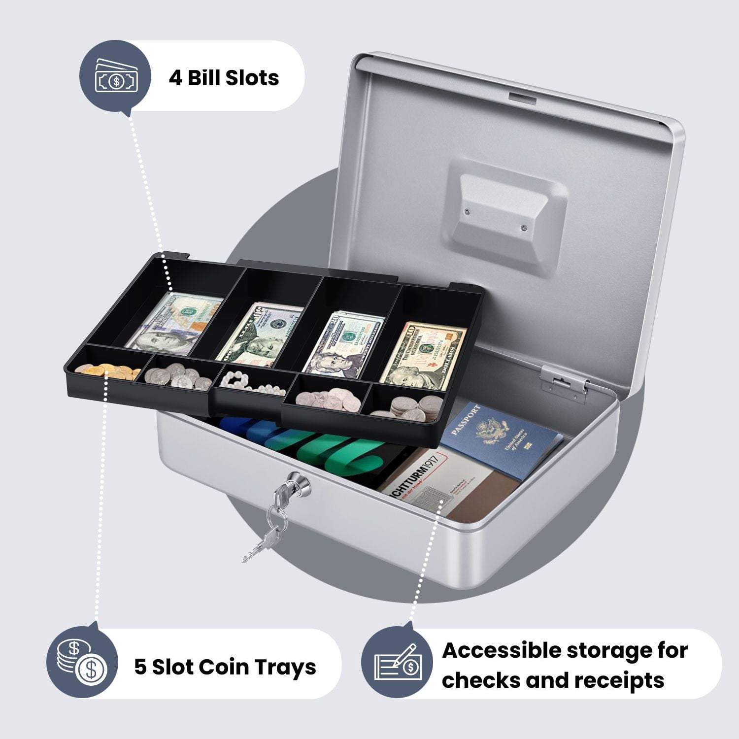 Cash Box with Money Tray and Lock - Metal Cash Box for Small Businesses, 9-Compartment Silver Money Box with Lock and Key for Petty Cash, Checks, Coins, Portable Money Box for Cash Storage