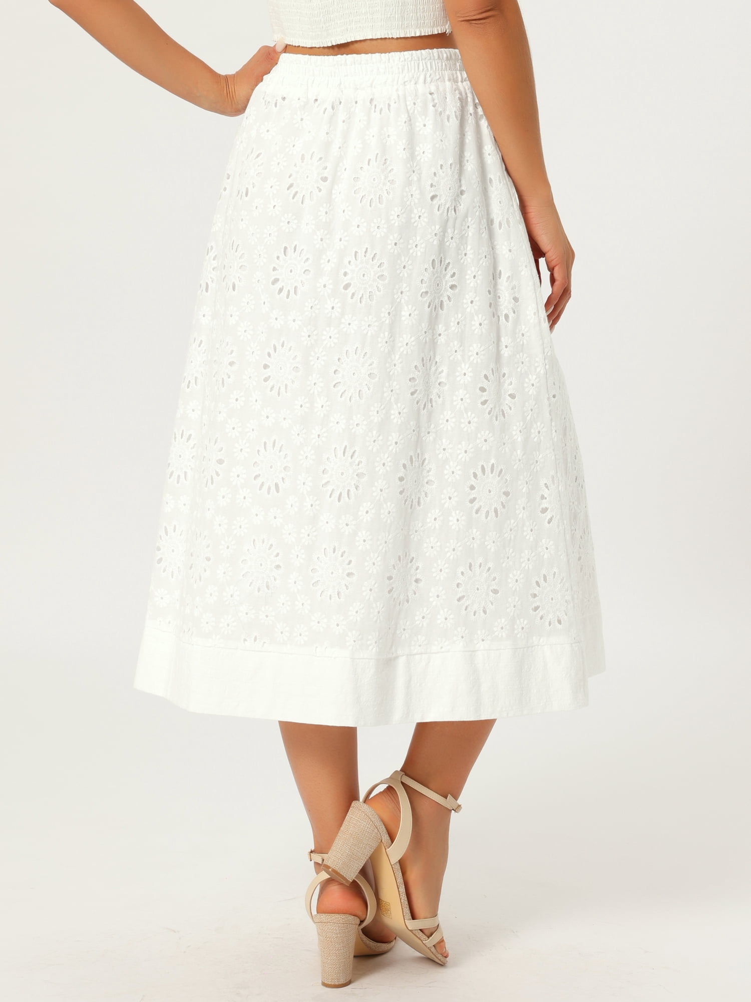 DARING DIVA Women's Eyelet Boho Skirt Elastic A-Line Midi Skirts Small White