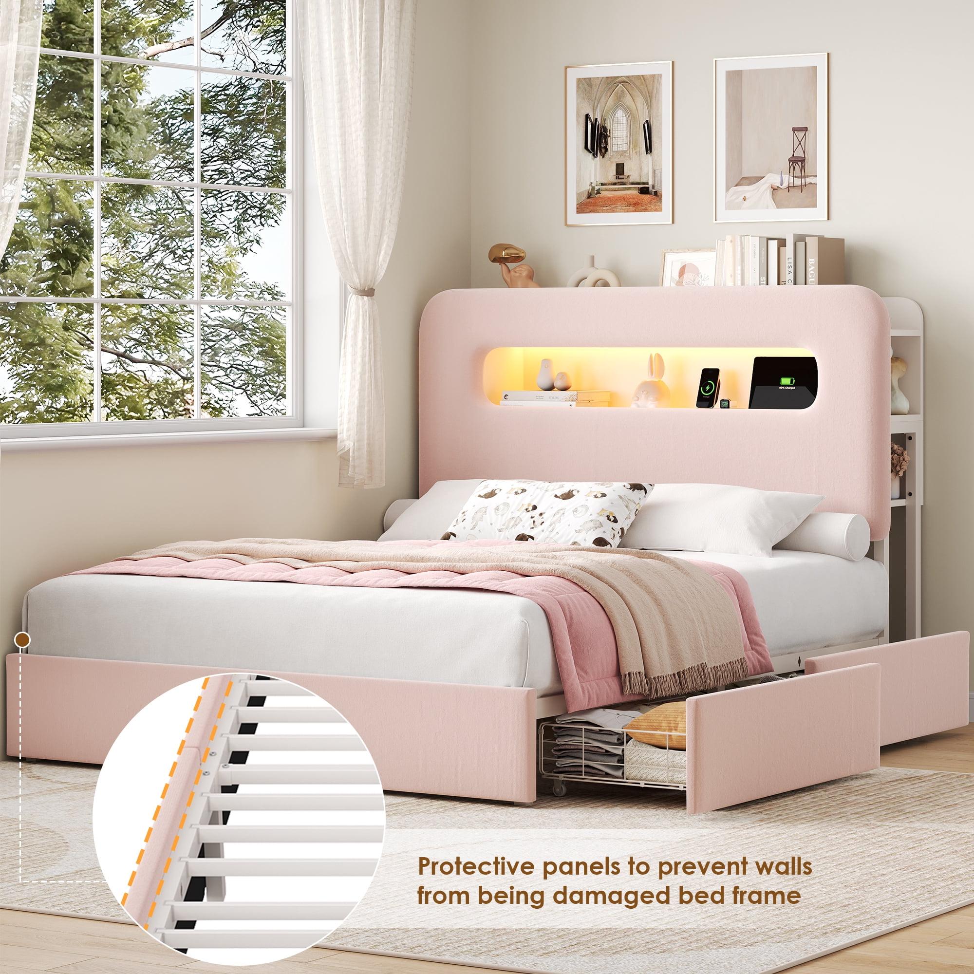 Homfa Full Size Velvet Upholstered Bed with LED Lights & 2 Drawers, Storage Headboard Platform Bed Frame with USB Ports & Outlets, Pink