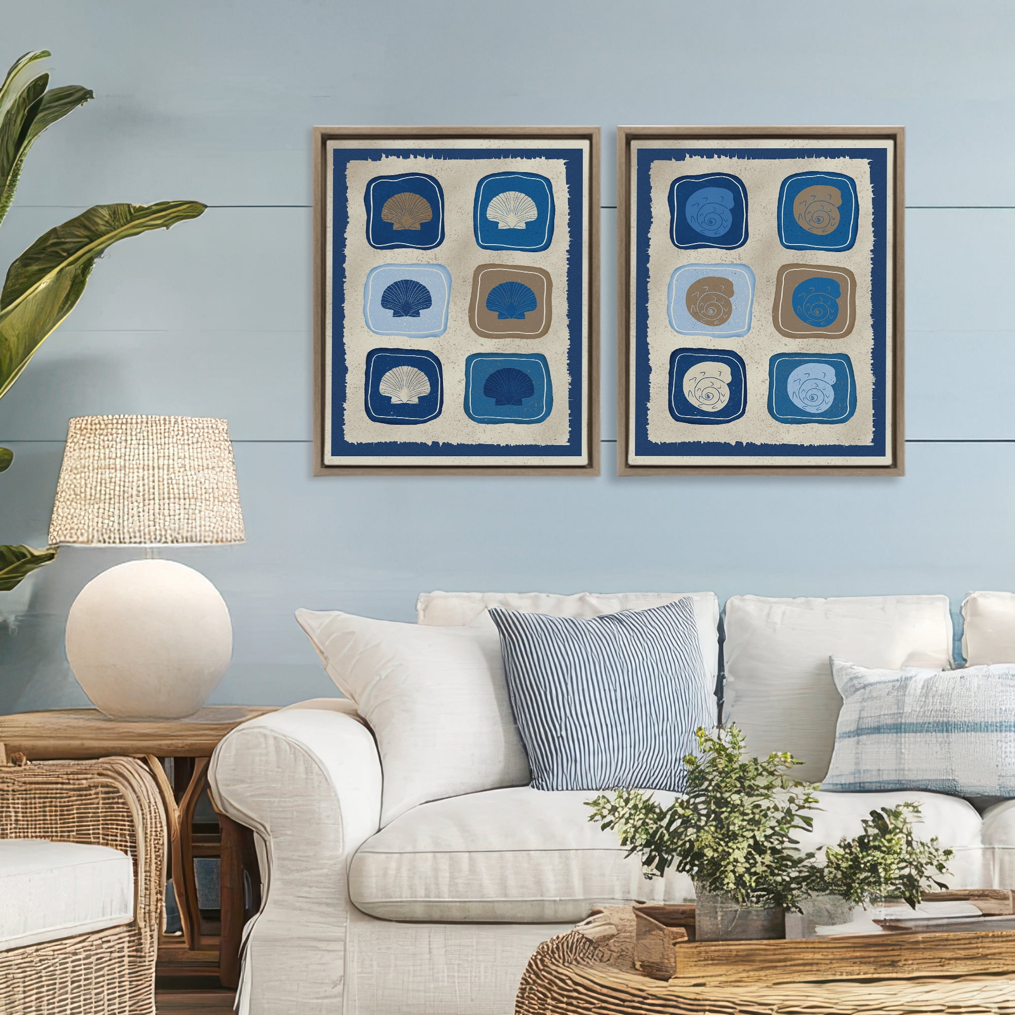 Stupell Industries Blue Blocked Seashells 2 Piece Brown Framed Floater Canvas Set, design by Julia Frost