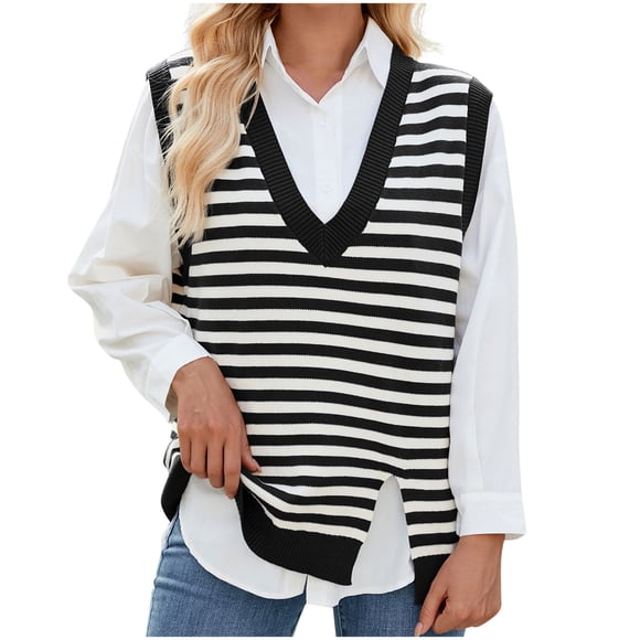 XuJwPNcy Sweater Vest for Women Striped Casual Pullover Tank Top V Neck Sleeveless Tops Side Split Cropped Tops
