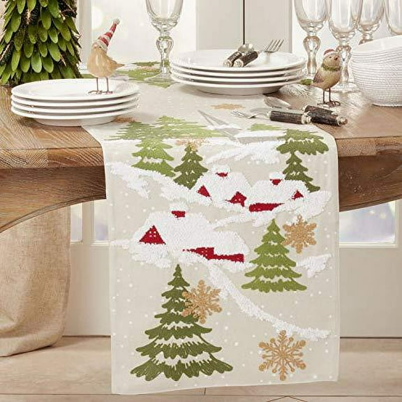 Fennco Styles Embroidered Christmas Village Table Runner 16" W x 70" L - Natural Festive Table Cover for Christmas Décor, Home, Banquet, Family Gathering, Holiday and Special Oc