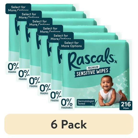 (6 pack) Rascals Premium Sensitive Alcohol Free Baby Wipes, 216 Count
