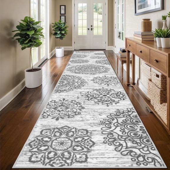 MeyJey 2.6'x14' Boho Vintage Runner Rug for Hallways, Non Slip Machine Washable Area Rug Indoor Carpet Distressed Oriental Floor Rug for Bedroom/Dining/Living/Laundry Room, Light Gray