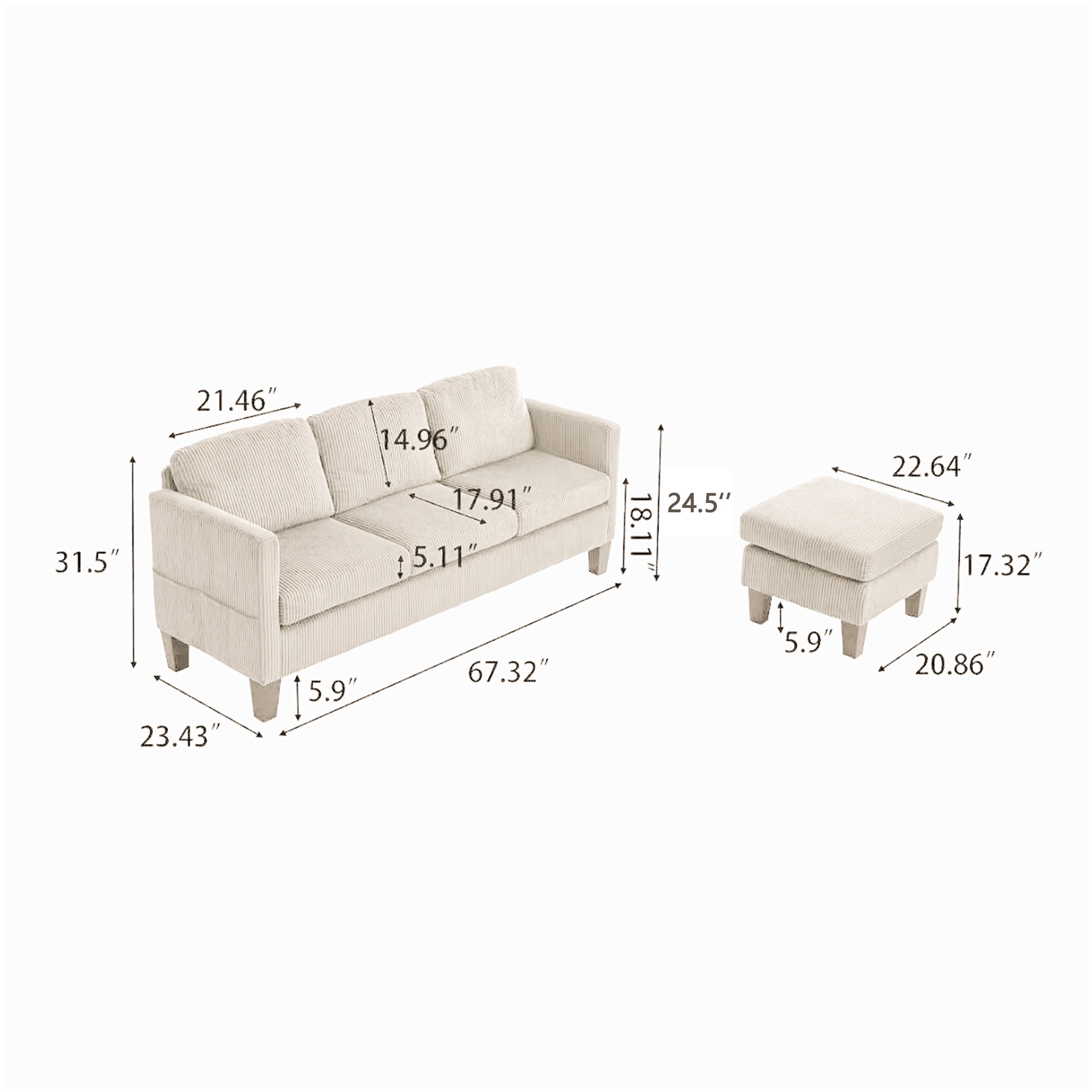 L-Shaped Sectional Couch 67 inch Corduroy 3-Seater Sofa with Reversible Chaise for Small Space Apartment Dorm Living Room Modern Off White