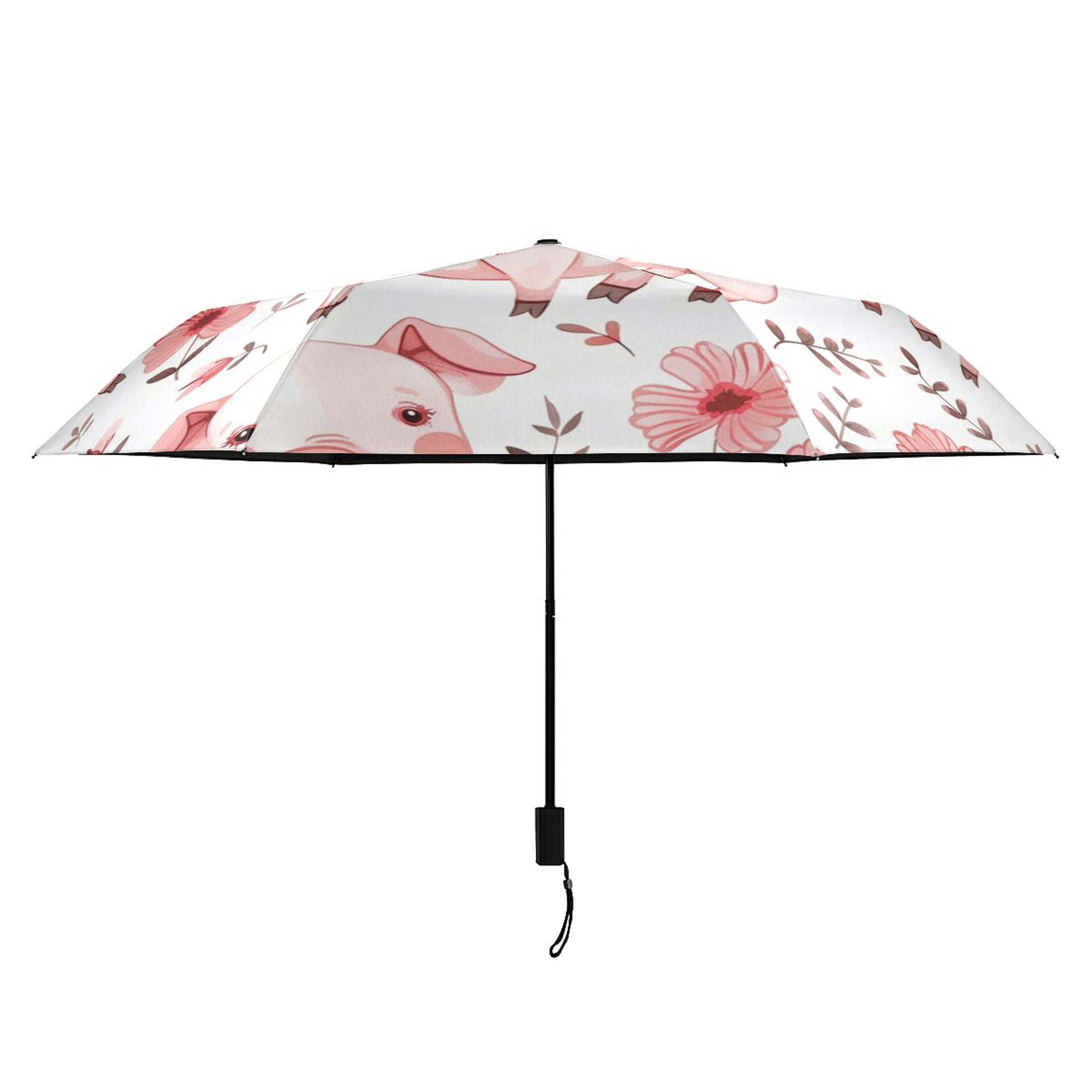 Cute Pig with Flower Compact Sun Umbrella Windproof Travel Umbrellas for Rain Strong Portable UV Protection