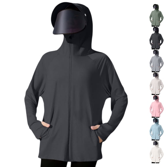 YOUYEDIAN Sun Protection Clothing Women Summer Hiking Light Weight Jacket Athletic UPF 50 UV Protection Zip Up Hoodie Long Sleeve Hooded Shirt (Black, One Size)