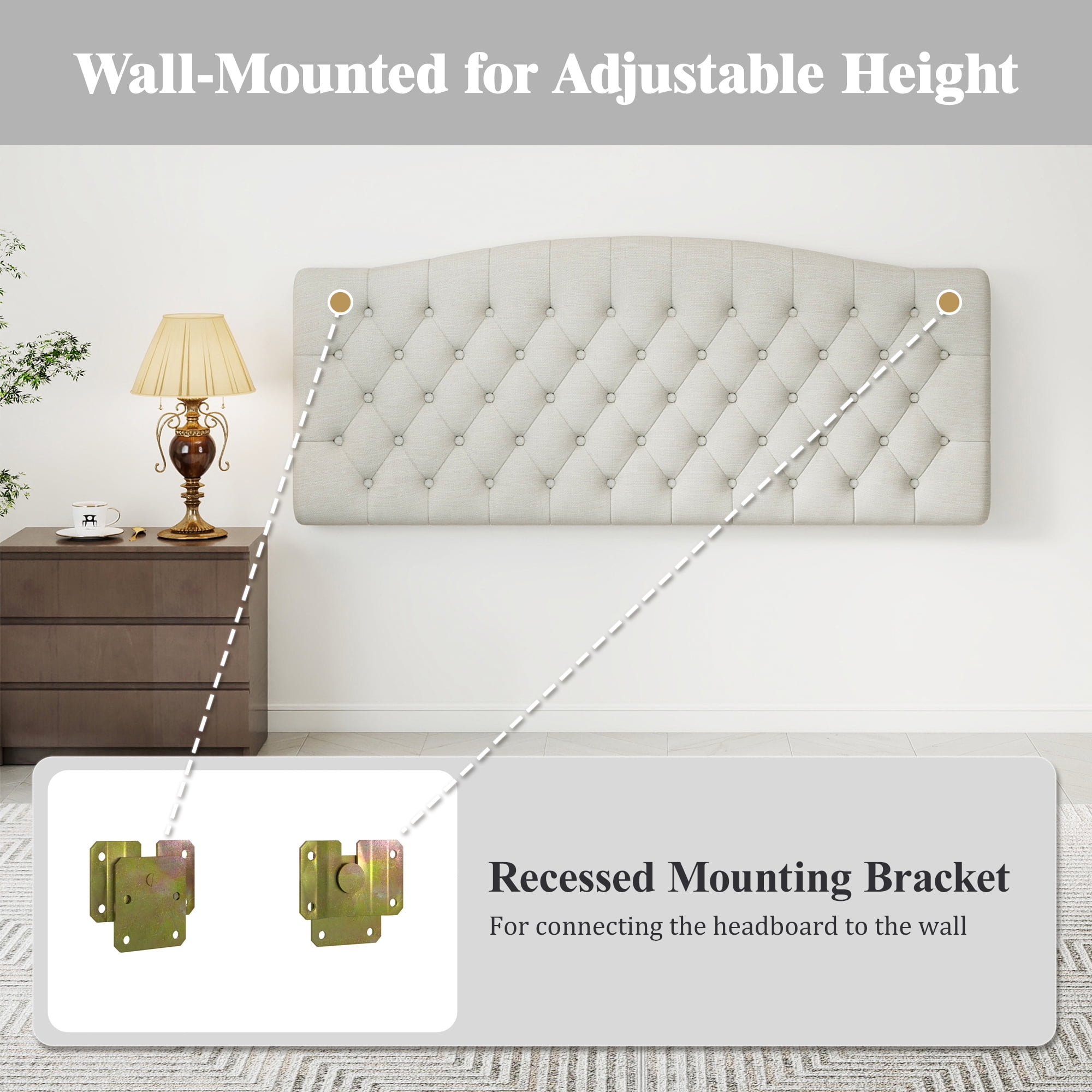 Queen Headboard Wall Mount & Bed Frame Compatible, Linen Upholstered Button Tufted, Ivory