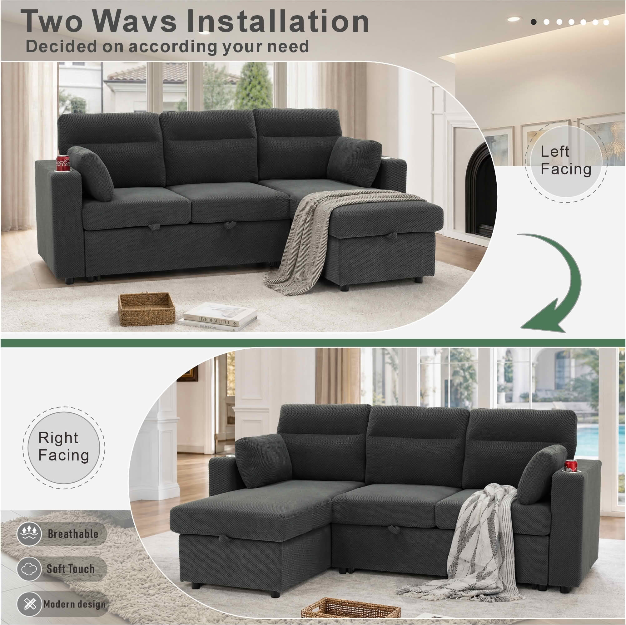 MAYEERTY 82.5 Inch L‑Shaped Pull‑Out Sectional Sofa Bed, Convertible Sleeper Couch with Storage Chaise, Cup Holders & 2 Pillows for Apartments