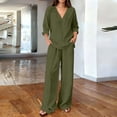 thumbnail image 3 of Bloomae Women's Loungewear Set 2 Piece Cotton Linen V Neck Long Sleeve Shirt & Wide Leg Pants with Pockets Lightweight Casual Solid Color Loose Fit Summer Outfit Army Green M, 3 of 7