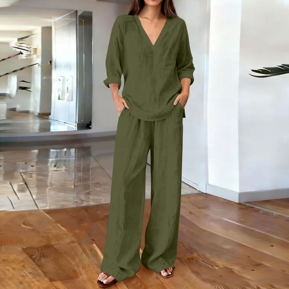 Mifsaly 2 Piece Vacation Sets for Women Summer Casual V Neck Long Sleeve Tops and High Waisted Wide Leg Pants with Pockets Army Green,XXL