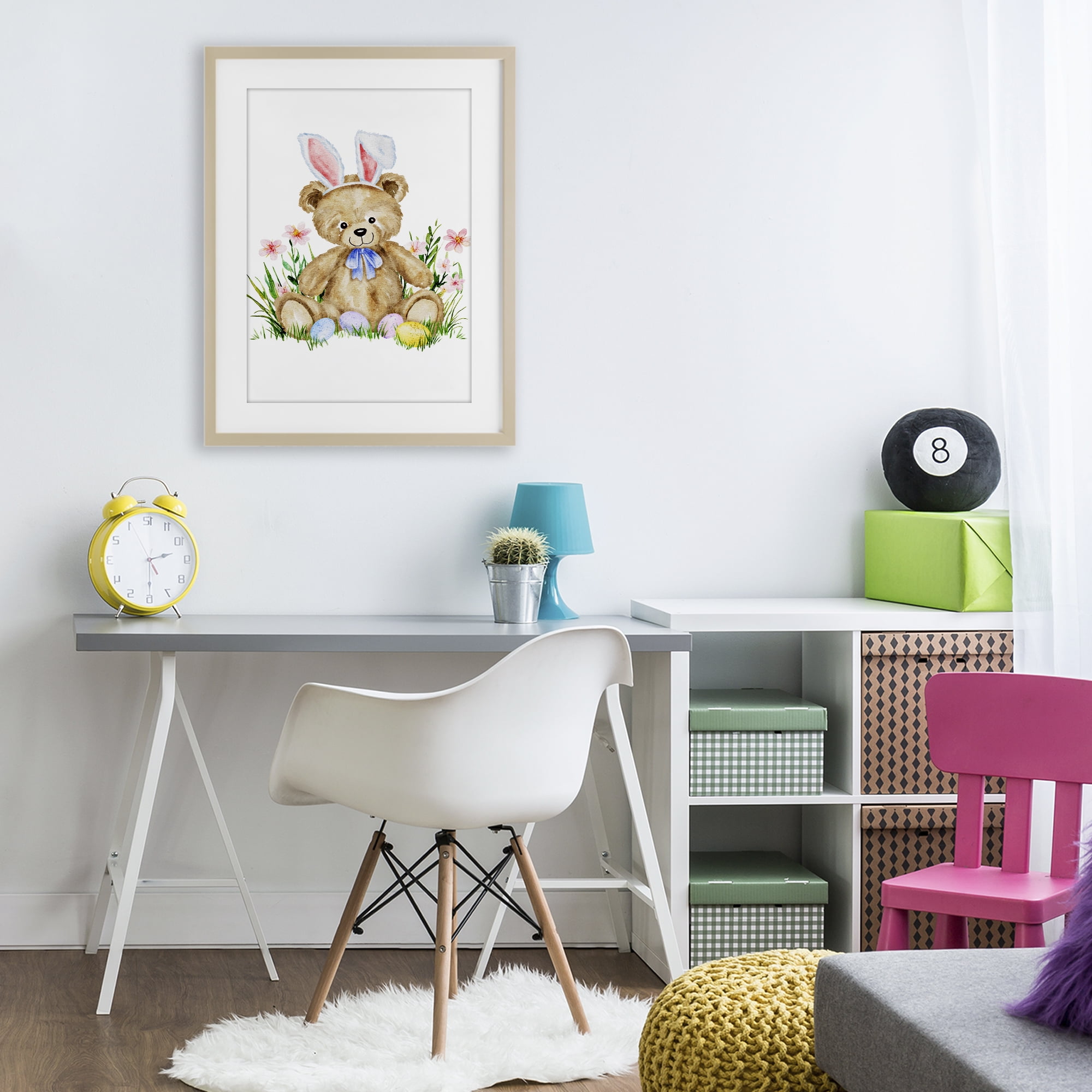 Springy Easter Teddy Bear Birch Framed Print Under Glass, design by Amy Hall