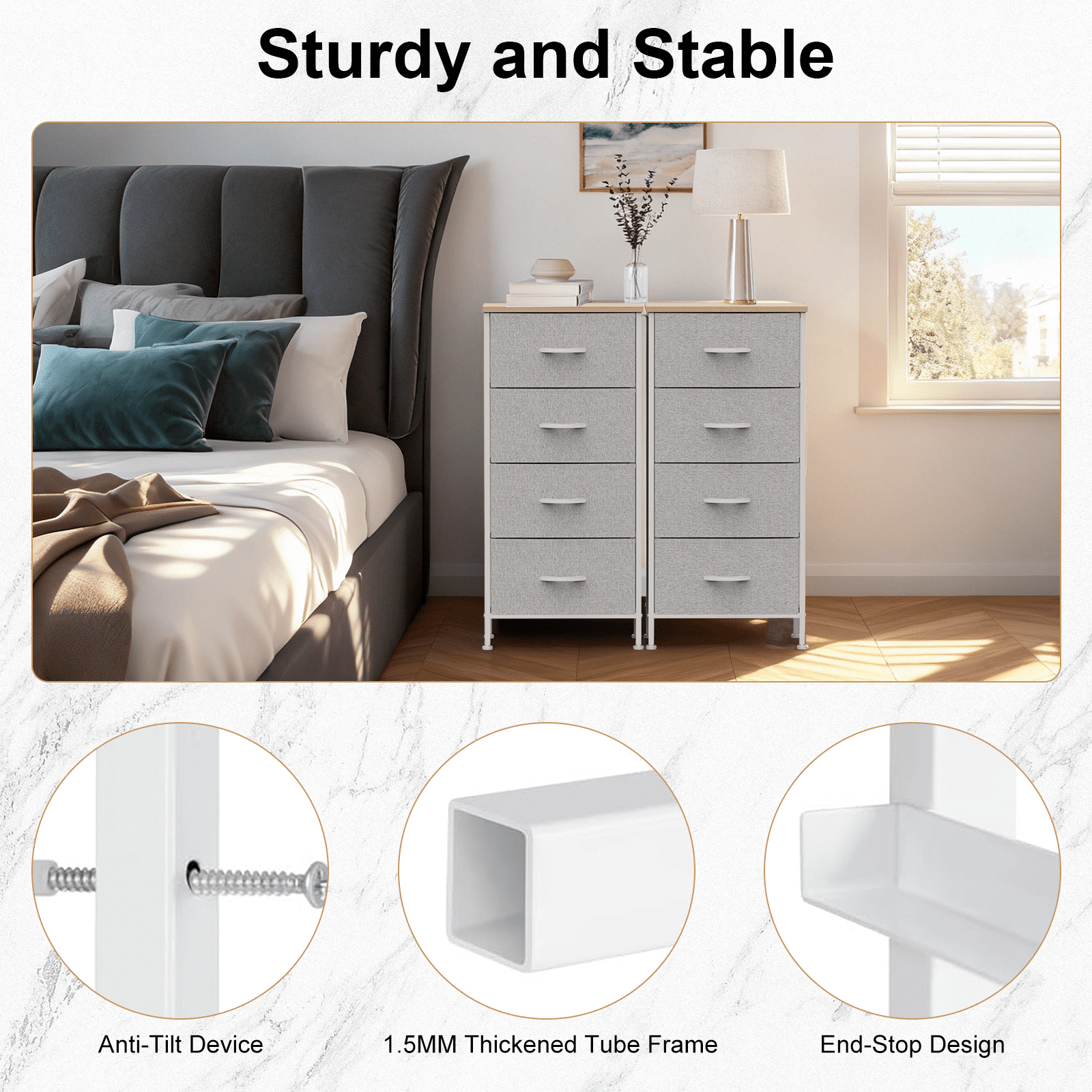 TrumanPick 4 Drawer Dresser for Bedroom, Tall Fabric Chest of Drawers with Wood Top, Fabric Storage Tower Nightstand for Bedroom Nursery Closet, Metal Organizer Unit for Living Room, Light Gray